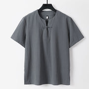 Foviel Solid Color Frog-Button Short Sleeve Notched Collar Men's Cotton Linen T-Shirt