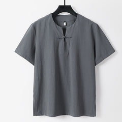 Buddha Stones Solid Color Frog-Button Short Sleeve Notched Collar Men's Cotton Linen T-Shirt - Gray - US/UK/AU56，EU66(9XL) - image 0