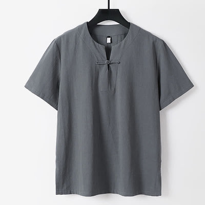 Buddha Stones Solid Color Frog-Button Short Sleeve Notched Collar Men's Cotton Linen T-Shirt - Gray - US/UK/AU56，EU66(9XL) - image 0
