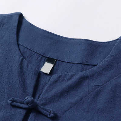 Buddha Stones Solid Color Frog-Button Short Sleeve Notched Collar Men's Cotton Linen T-Shirt - image 5