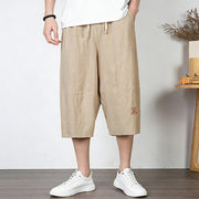 Foviel Plain Drawstring Capri Length Men's Cotton Linen Harem Pants With Pockets