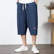 Foviel Plain Drawstring Capri Length Men's Cotton Linen Harem Pants With Pockets