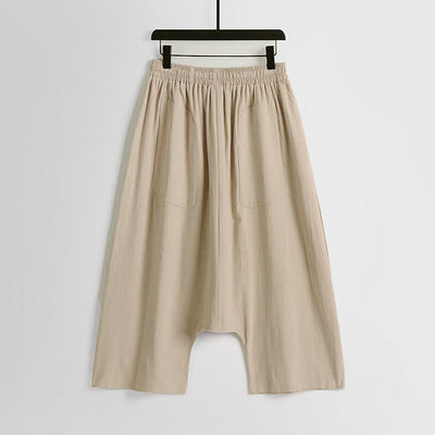 Buddha Stones Plain Drop Crotch Design Cotton Linen Men's Harem 7-8 Length Pants - image 1