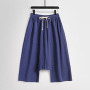 Foviel Plain Drop Crotch Design Cotton Linen Men's Harem 7-8 Length Pants