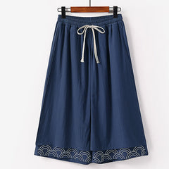 Buddha Stones Summer Embroidery Capri Length Cotton Linen Men's Wide Leg Pants With Pockets - Navy - US/UK/AU50，EU60 (7XL) - image 0