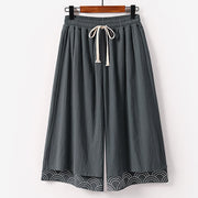 Foviel Summer Embroidery Capri Length Cotton Linen Men's Wide Leg Pants With Pockets