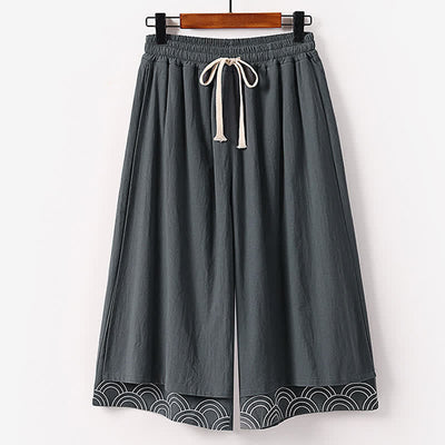 Buddha Stones Summer Embroidery Capri Length Cotton Linen Men's Wide Leg Pants With Pockets - SlateGray - US/UK/AU50，EU60 (7XL) - image 2