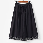 Foviel Summer Embroidery Capri Length Cotton Linen Men's Wide Leg Pants With Pockets