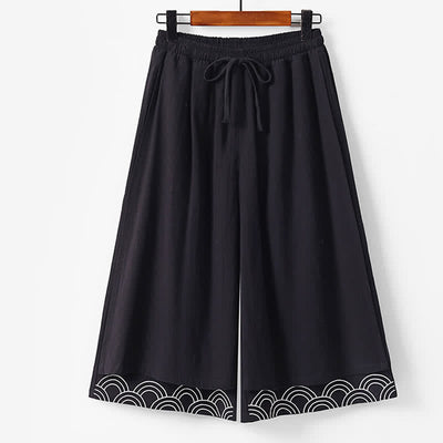 Buddha Stones Summer Embroidery Capri Length Cotton Linen Men's Wide Leg Pants With Pockets - Black - US/UK/AU50，EU60 (7XL) - image 3