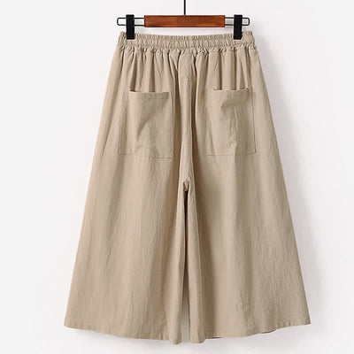 Buddha Stones Summer Embroidery Capri Length Cotton Linen Men's Wide Leg Pants With Pockets - image 5