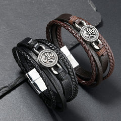 Buddha Stones Om Round Engraved Multilayered Braided Retro Leather Bracelet - image 0