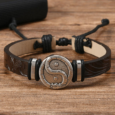 Buddha Stones Round Engraved YIN YANG Dragon Leather Balance Bracelet - SaddleBrown Leather(Wrist Circumference: 15-20cm) - image 2