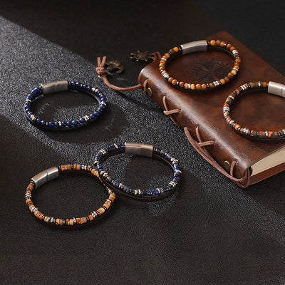 Buddha Stones Lapis Lazuli Tiger Eye Bead Balance Leather Bracelet - image 10
