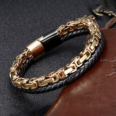 Buddha Stones Link Chain Double Wrap Braided Leather Balance Bracelet - Golden Titanium Steel(Wrist Circumference: 18-19cm) - image 5