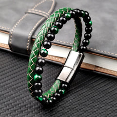 Buddha Stones Green Tiger Eye Double Wrap Braided Leather Strength Bracelet - Green Tiger Eye Leather(Wrist Circumference: 19cm) - image 0