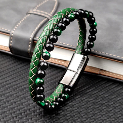 Buddha Stones Green Tiger Eye Double Wrap Braided Leather Strength Bracelet - Green Tiger Eye Leather(Wrist Circumference: 19cm) - image 0