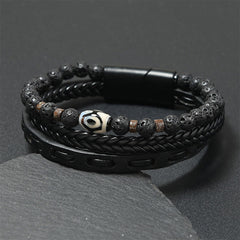 Buddha Stones Dzi Bead Lava Rock Multilayered Braided Leather Wealth Bracelet - Black Leather(Wrist Circumference: 18-19cm) - image 0