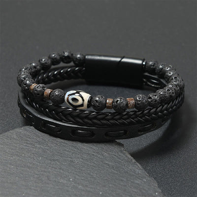 Buddha Stones Dzi Bead Lava Rock Multilayered Braided Leather Wealth Bracelet - Black Leather(Wrist Circumference: 18-19cm) - image 0