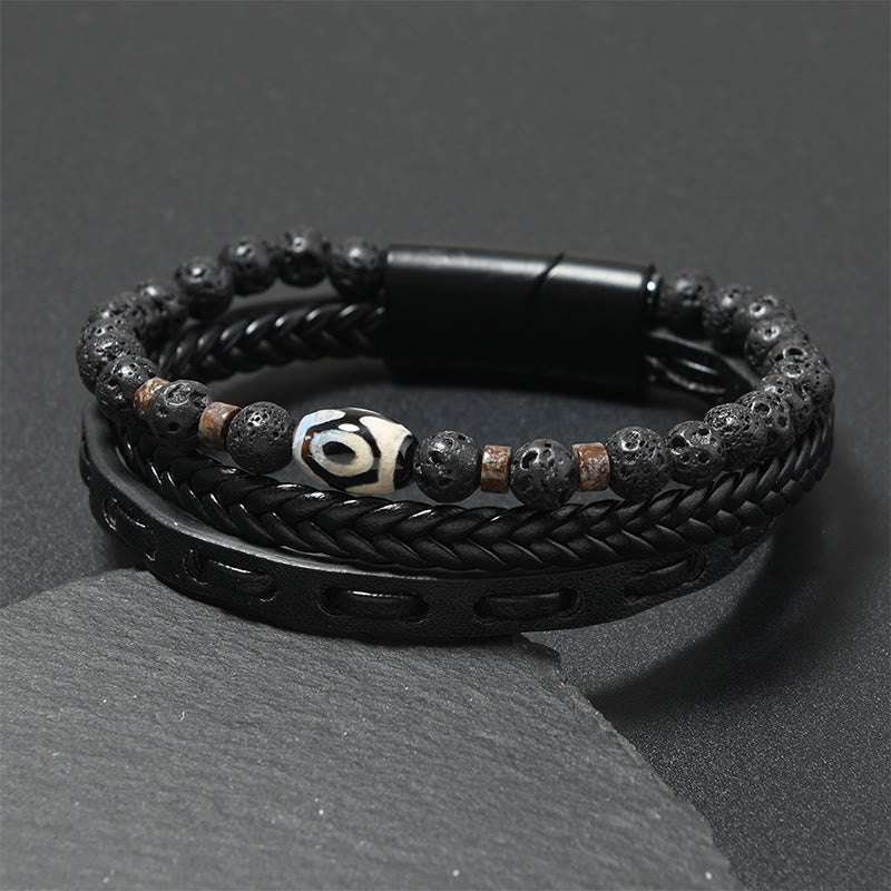 Buddha Stones Dzi Bead Lava Rock Multilayered Braided Leather Wealth Bracelet - Black Leather(Wrist Circumference: 18-19cm) - image 0