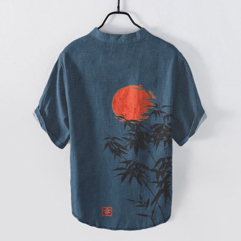 Buddha Stones Cotton Simple Red Sun Bamboo Pattern Men's Short Sleeve Half Button Shirt - image 7