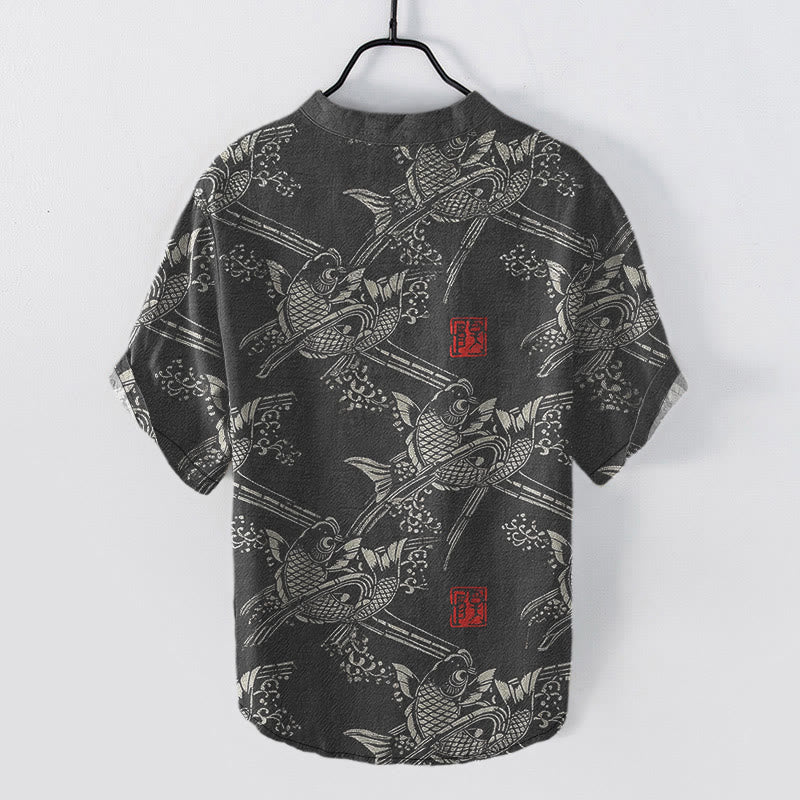 Buddha Stones Cotton Koi Fish Bamboo Pattern Men's Short Sleeve Half Button Shirt - image 1