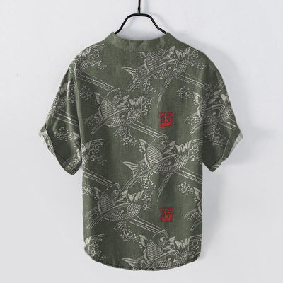 Buddha Stones Cotton Koi Fish Bamboo Pattern Men's Short Sleeve Half Button Shirt - image 5