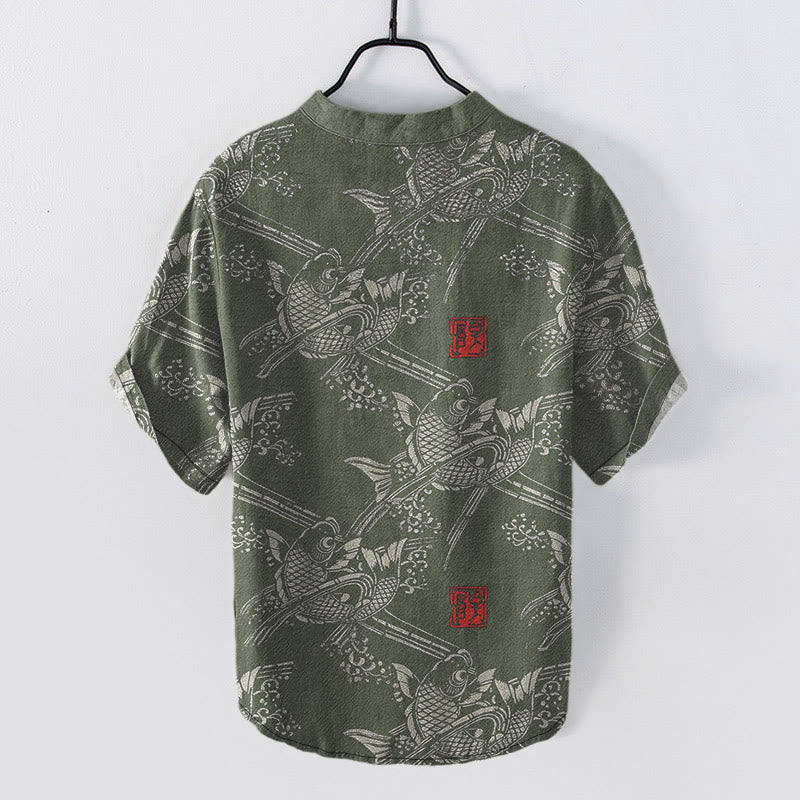 Buddha Stones Cotton Koi Fish Bamboo Pattern Men's Short Sleeve Half Button Shirt - image 5