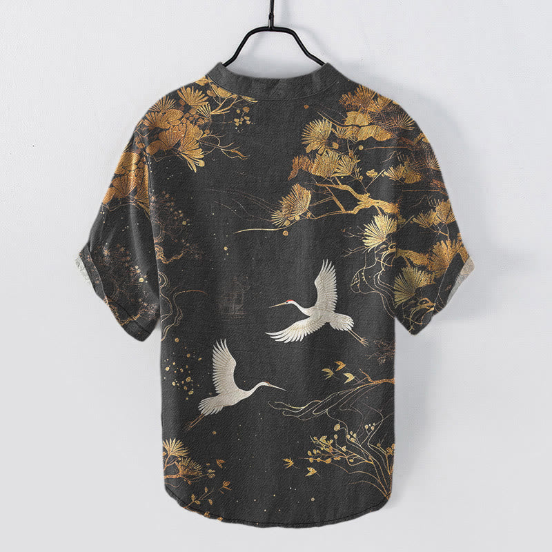 Buddha Stones Cotton Pine Tree White Crane Pattern Men's Short Sleeve Half Button Shirt - image 1
