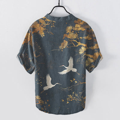 Buddha Stones Cotton Pine Tree White Crane Pattern Men's Short Sleeve Half Button Shirt - image 5