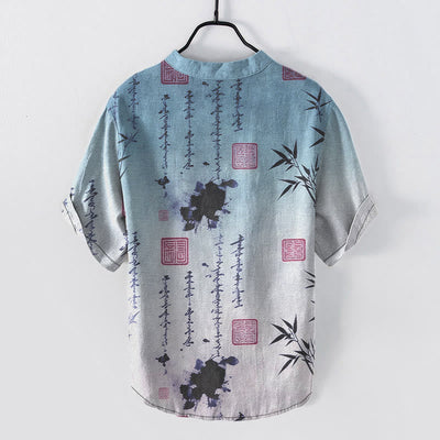 Buddha Stones Cotton Gradient Calligraphy Bamboo Ink Painting Pattern Men's Short Sleeve Half Button Shirt - image 5