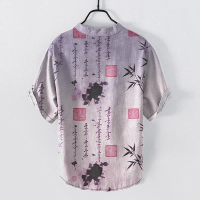 Buddha Stones Cotton Gradient Calligraphy Bamboo Ink Painting Pattern Men's Short Sleeve Half Button Shirt - image 7