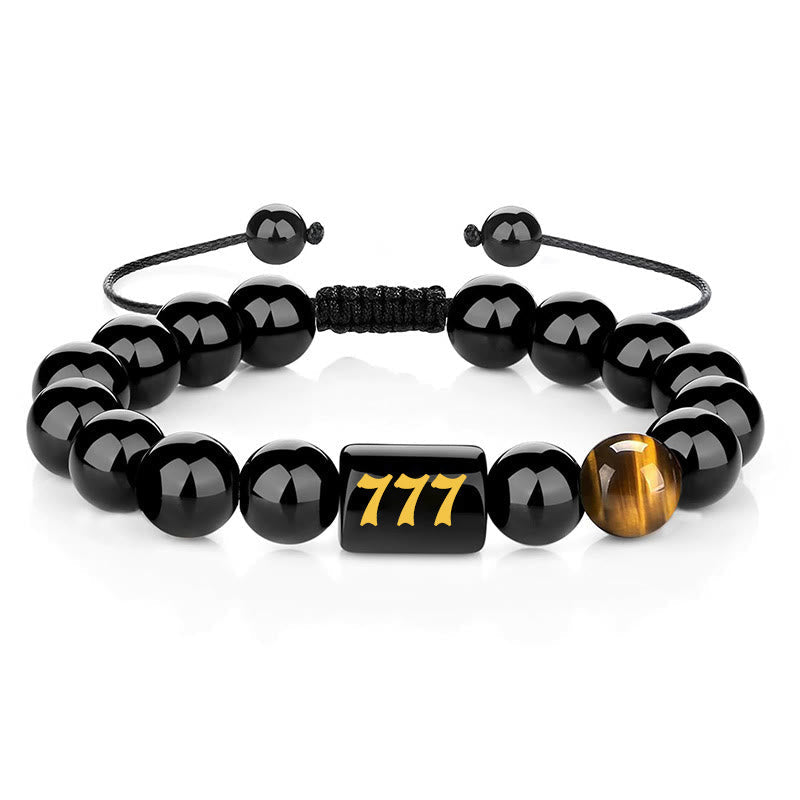 Buddha Stones Angel Number Natural Black Obsidian Tiger Eye Strength Fulfillment Bracelet - 777(Wrist Circumference 15-19cm) - image 24