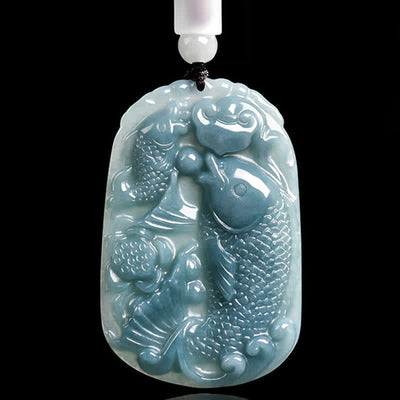 Buddha Stones Natural Jade Carving Double Koi Fish Rope Prosperity Necklace Pendant - image 1