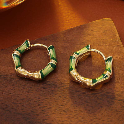 Buddha Stones Round Bamboo Dripping Design Copper Fortune Hoop Earrings - image 1