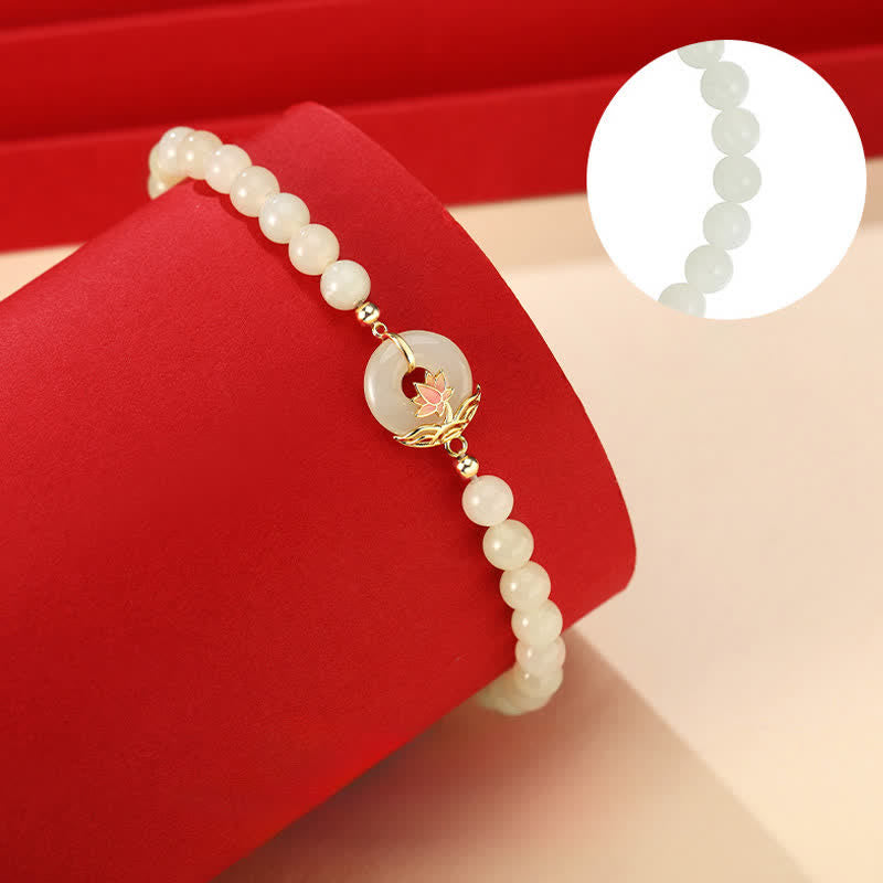 Buddha Stones 925 Sterling Silver Hetian White Jade Lotus Symbol Peace Buckle Harmony Beaded Bracelet - image 3