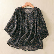 Foviel Commute Floral Crew Hals Pleated Design Puff Kurzarm Damen T-Shirt