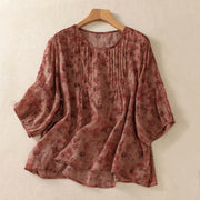 Foviel Commute Floral Crew Hals Pleated Design Puff Kurzarm Damen T-Shirt