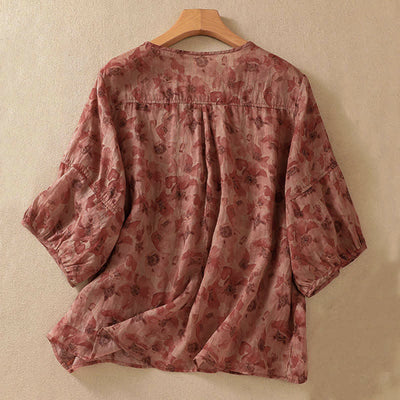 Buddha Stones Commute Floral Crew Neck Pleated Design Puff Short Sleeve Women's T-Shirt - image 13
