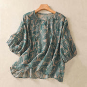 Foviel Commute Floral Crew Hals Pleated Design Puff Kurzarm Damen T-Shirt
