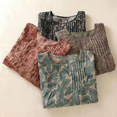 Buddha Stones Commute Floral Crew Neck Pleated Design Puff Short Sleeve Women's T-Shirt - image 24