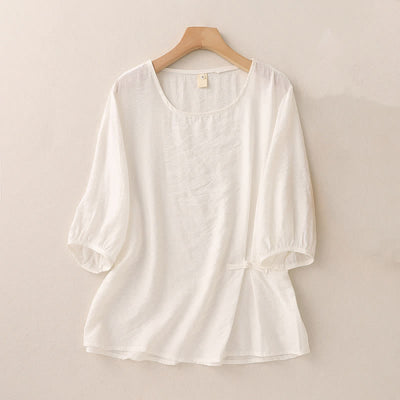 Buddha Stones Solid Color Frog-Button Design Puff Short Sleeve Women's T-Shirt - White - US8-10，UK/AU12-14，EU40-42 (2XL) - image 6