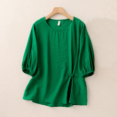 Buddha Stones Solid Color Frog-Button Design Puff Short Sleeve Women's T-Shirt - Green - US8-10，UK/AU12-14，EU40-42 (2XL) - image 0
