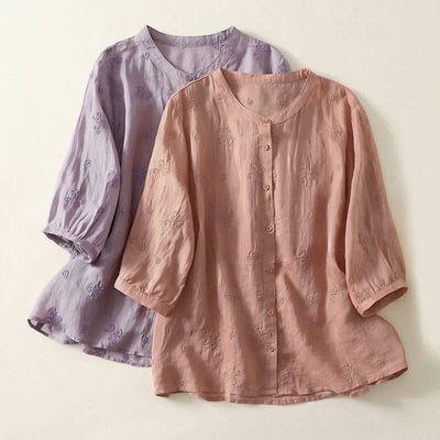 Buddha Stones Retro Embroidered Floral Short Sleeve Women's Buttons Shirt - image 13