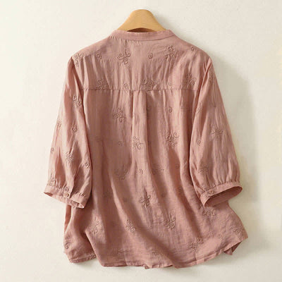 Buddha Stones Retro Embroidered Floral Short Sleeve Women's Buttons Shirt - image 5