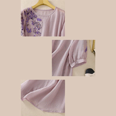 Buddha Stones Retro Embroidery Floral Pattern Short Sleeve Crew Neck Women's Shirt - image 29