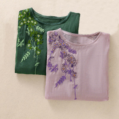 Buddha Stones Retro Embroidery Floral Pattern Short Sleeve Crew Neck Women's Shirt - image 31
