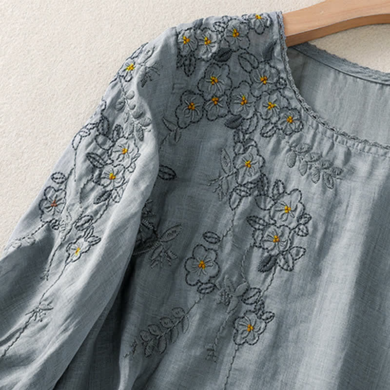 Buddha Stones Retro Embroidery Floral Pattern Short Sleeve Crew Neck Women's Shirt - image 10