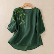 Foviel Retro Stickerei Blumenmuster Kurzarm Crew Hals Damen Hemd