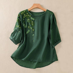 Buddha Stones Retro Embroidery Floral Pattern Short Sleeve Crew Neck Women's Shirt - DarkGreen - US8-10，UK/AU12-14，EU40-42 (2XL) - image 0