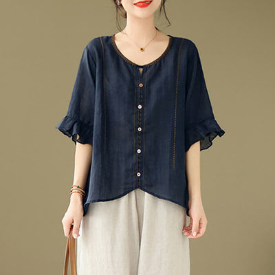 Buddha Stones Embroidery Buttons Crew Neck Flared Short Sleeve Women's Shirt - image 14